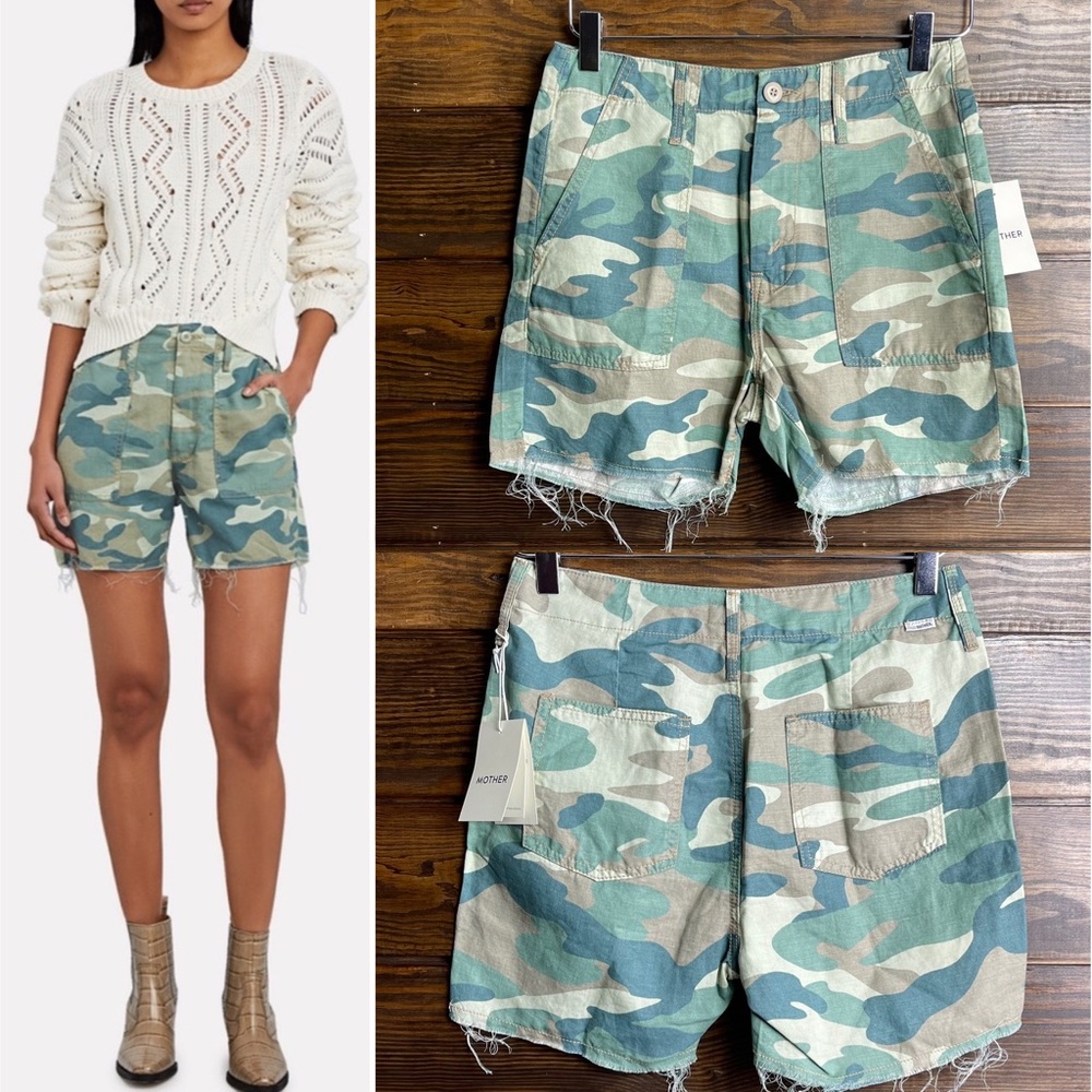 MOTHER The Shaker Chop Short Blue Green Camo Linen-blend New